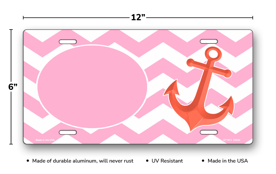 Pink Oval and Chevron on White with Anchor License Plate