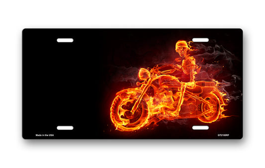 Burning Motorcycle Rider on Black Offset License Plate