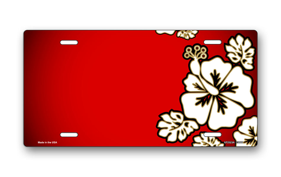 White Hibiscus on Red Offset License Plate