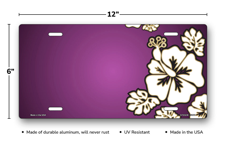 White Hibiscus on Purple Offset License Plate