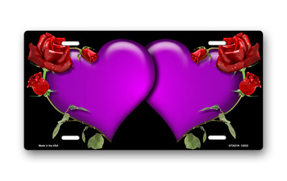 Purple Hearts and Red Roses on Black License Plate