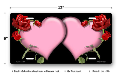 Pink Hearts and Red Roses on Black License Plate