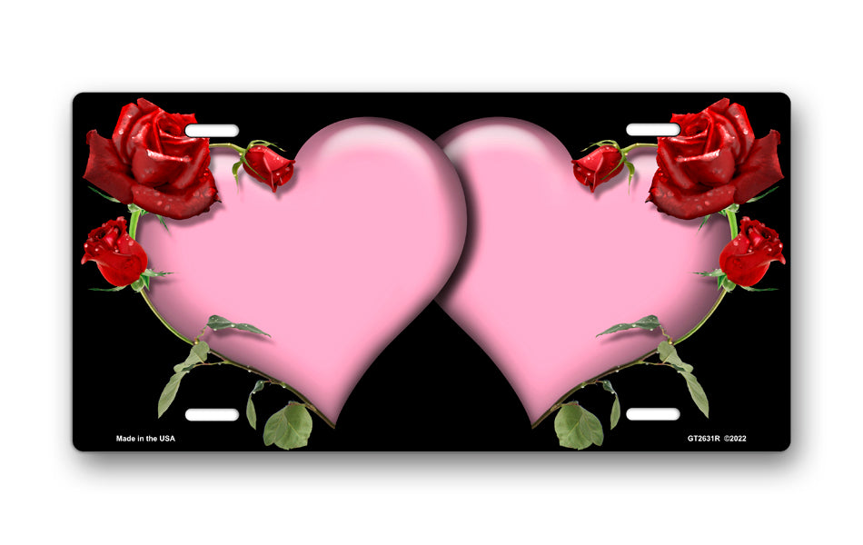 Pink Hearts and Red Roses on Black License Plate