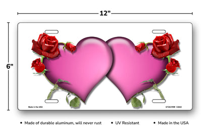 Pink Hearts and Red Roses on White License Plate