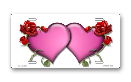 Pink Hearts and Red Roses on White License Plate