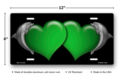 Dolphins and Green Hearts on Black License Plate