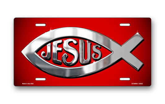 Silver Ichthus Jesus on Red License Plate