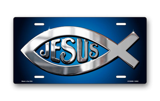 Silver Ichthus Jesus on Blue License Plate