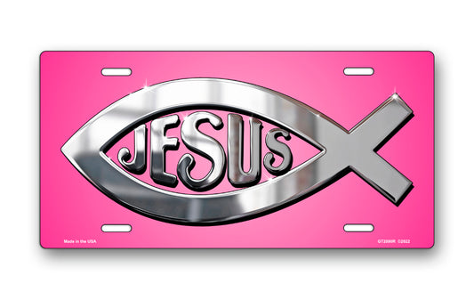 Silver Ichthus Jesus on Pink License Plate