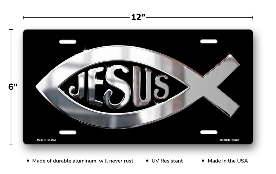 Silver Ichthus Jesus on Black License Plate