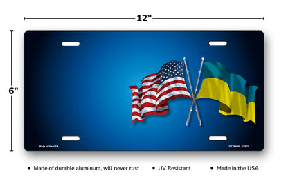 Crossed American and Ukraine Flags Offset on Blue License Plate