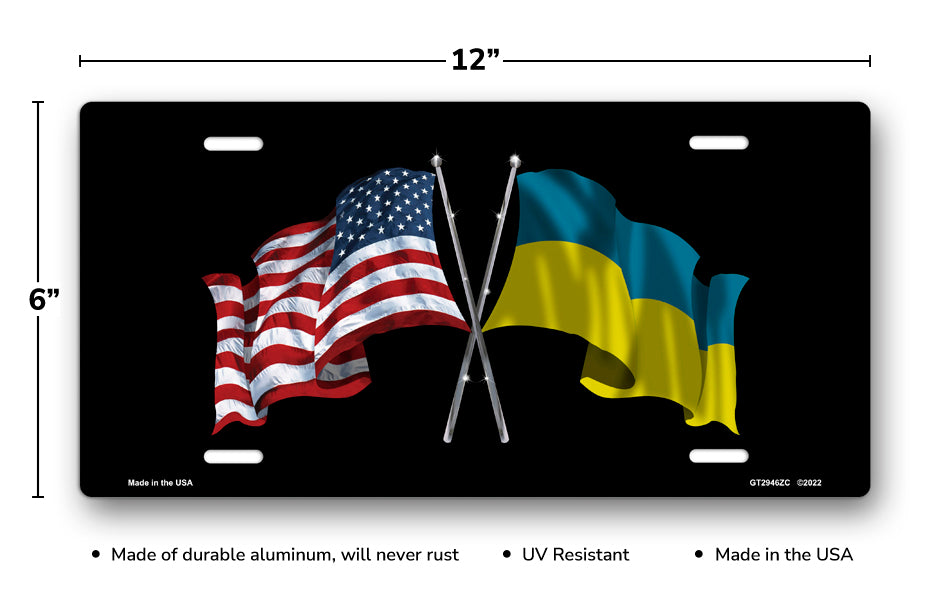 Crossed American and Ukraine Flags on Black License Plate