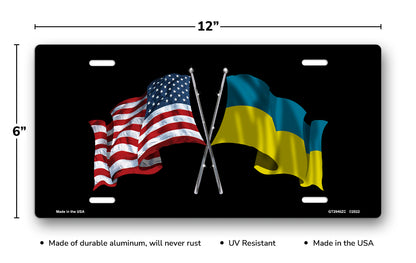 Crossed American and Ukraine Flags on Black License Plate