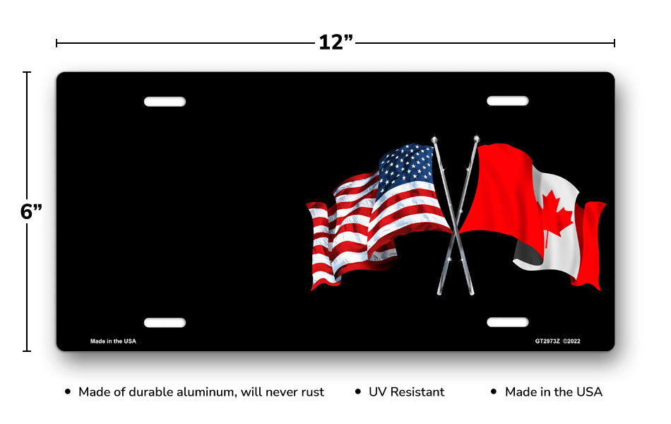 Crossed American and Canadian Flags on Black Offset License Plate