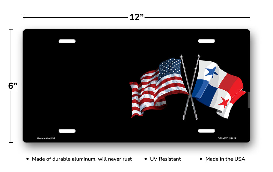 Crossed American and Panama Flags on Black Offset License Plate