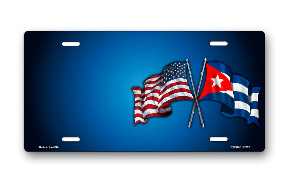 Crossed American and Cuban Flags on Blue Offset License Plate