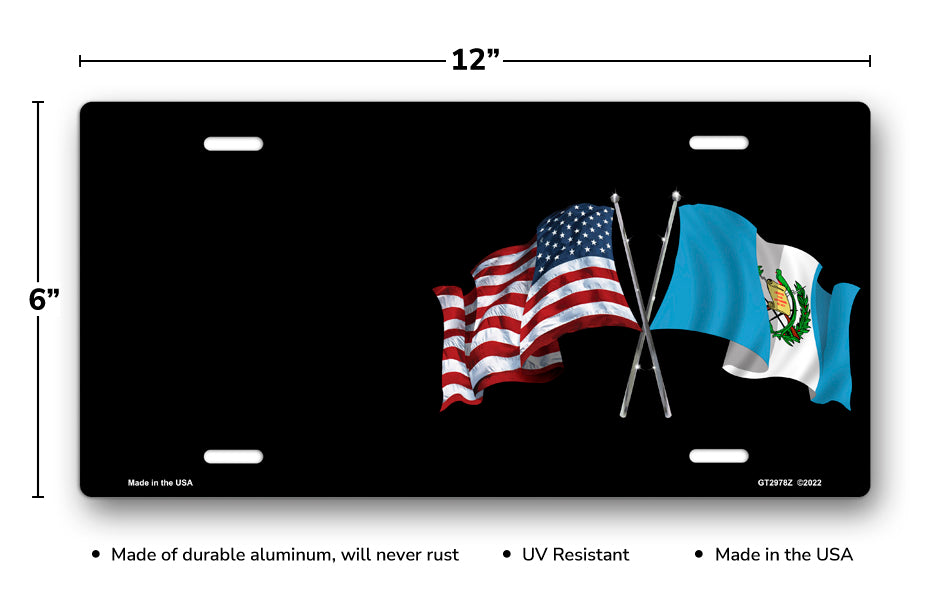 Crossed American and Guatemalan Flags on Black Offset License Plate