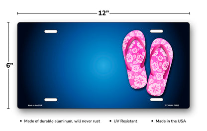 Pink Hibiscus Flip Flops on Blue Offset License Plate