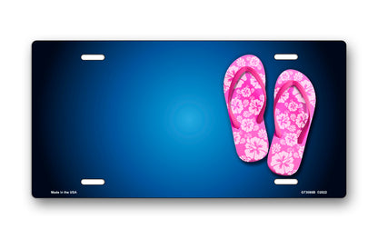 Pink Hibiscus Flip Flops on Blue Offset License Plate