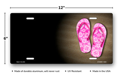 Pink Hibiscus Flip Flops with Sand on Black Offset License Plate