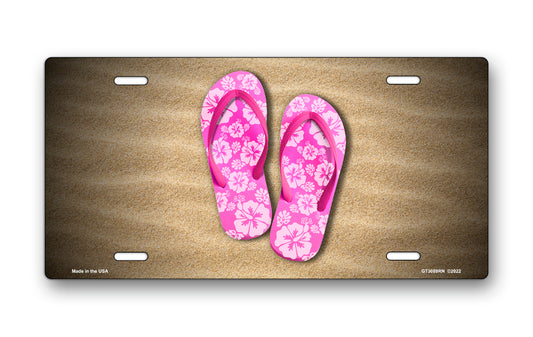 Pink Hibiscus Flip Flops on Sand License Plate