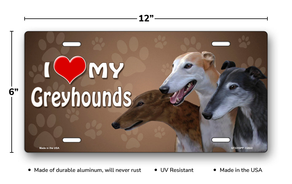 I Love My Greyhounds on Paw Prints License Plate