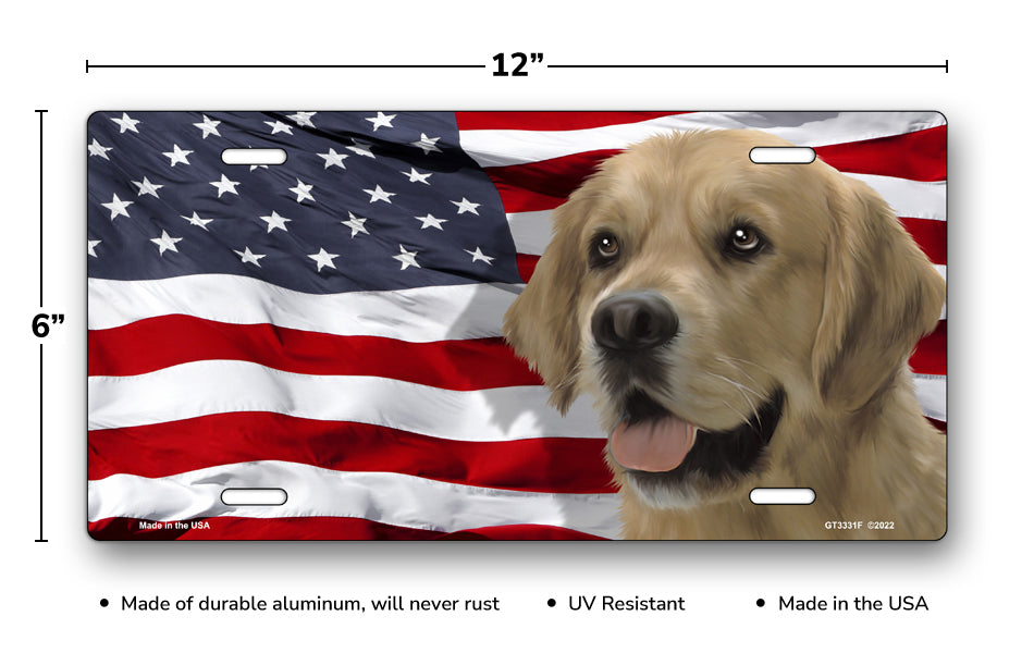 Golden Retriever on American Flag License Plate