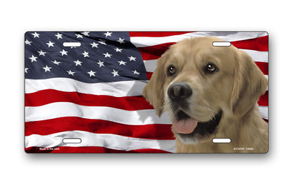 Golden Retriever on American Flag License Plate