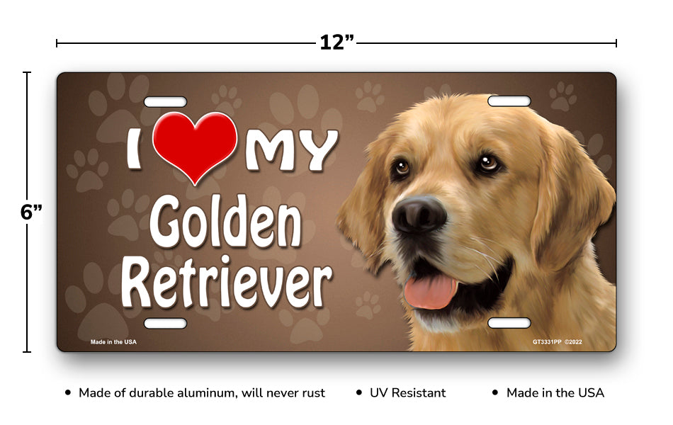 I Love My Golden Retriever on Paw Prints License Plate