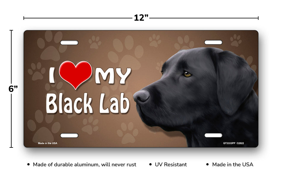 I Love My Black Lab on Paw Prints License Plate