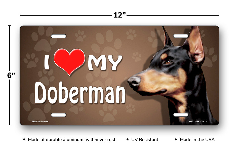 I Love My Doberman on Paw Prints License Plate