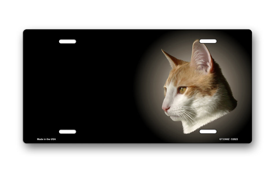 Gold and White Cat on Black Offset License Plate