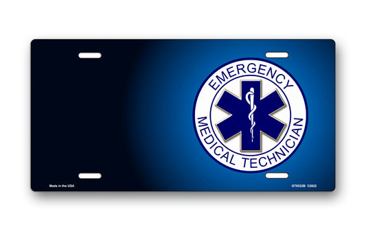 Emergency Medical Technician Emblem on Blue Offset License Plate