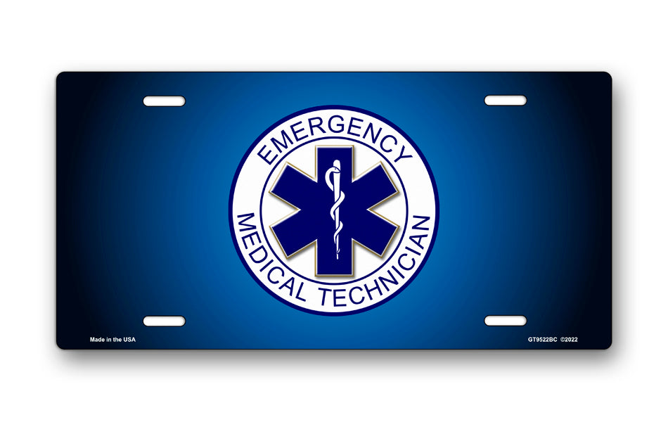 Emergency Medical Technician Emblem on Blue License Plate