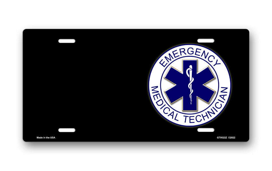 Emergency Medical Technician Emblem on Black Offset License Plate