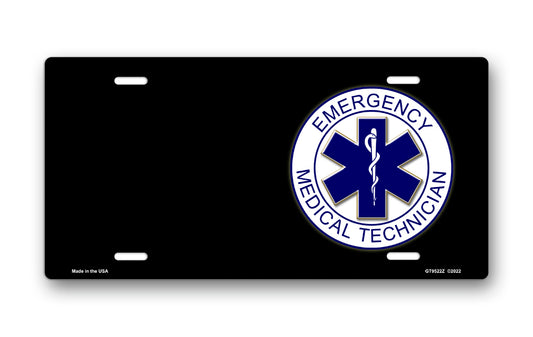 Emergency Medical Technician Emblem on Black Offset License Plate